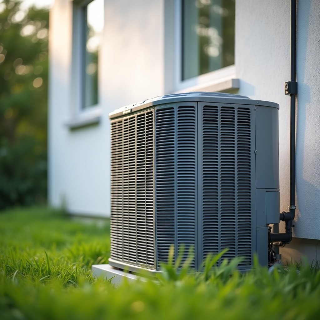 Close-up of a modern outdoor AC condenser unit
