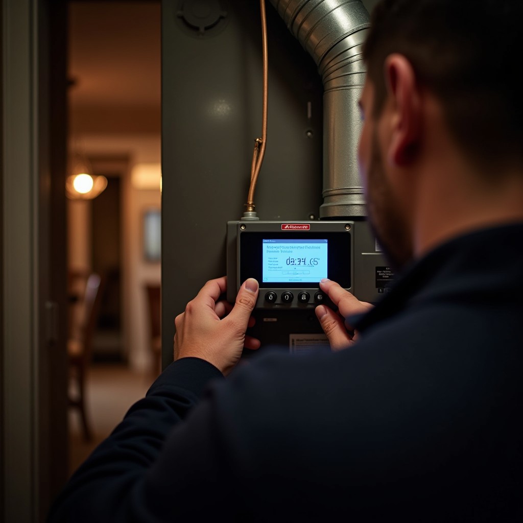 Technician's hands adjusting a furnace control panel