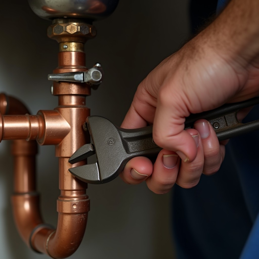 Plumber's hands using a pipe wrench on copper pipe