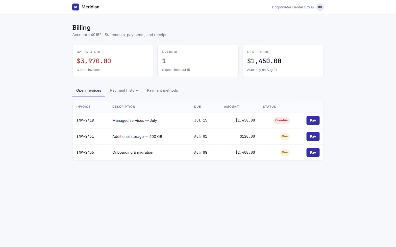 Screenshot of the Meridian Portal payment portal demo
