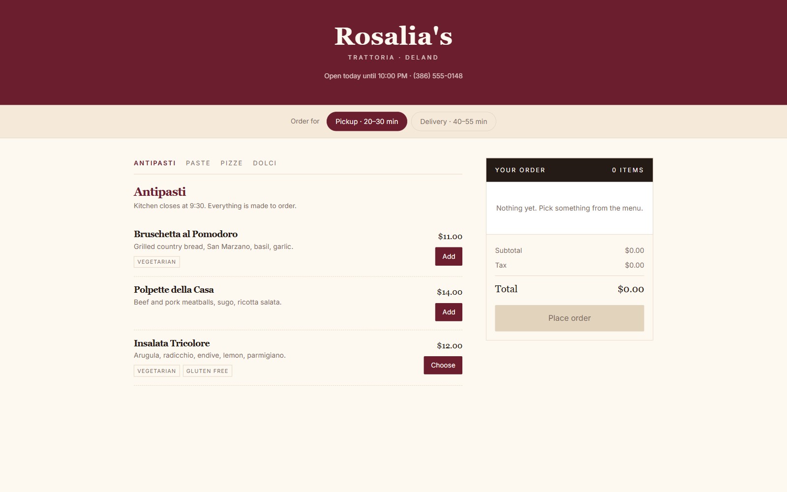 Screenshot of the Rosalia's restaurant ordering demo