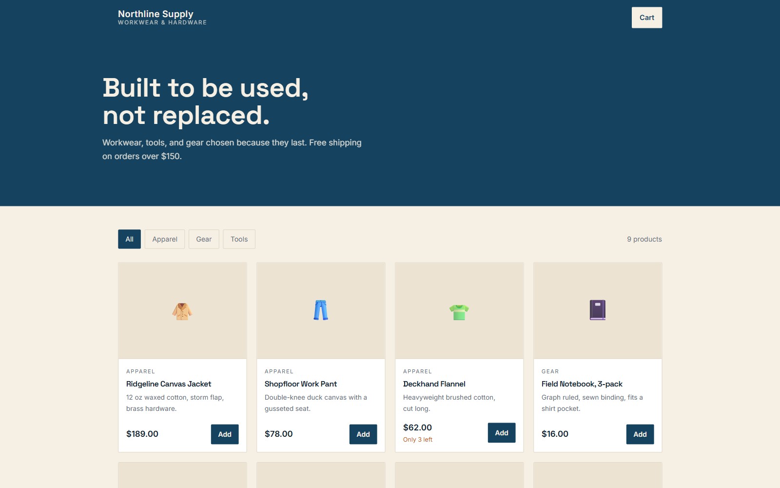 Screenshot of the Northline Supply retail storefront demo