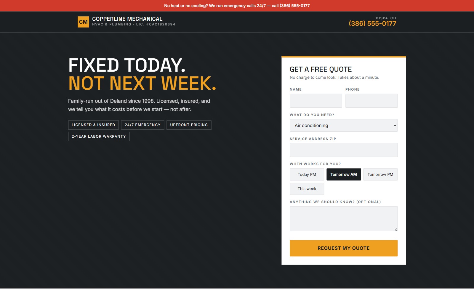 Screenshot of the Copperline Mechanical service business demo